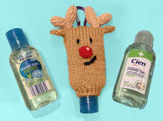 KNITTING PATTERN - Christmas Rudolph Reindeer Sanitizer Bottle 50ml Holder 9cms