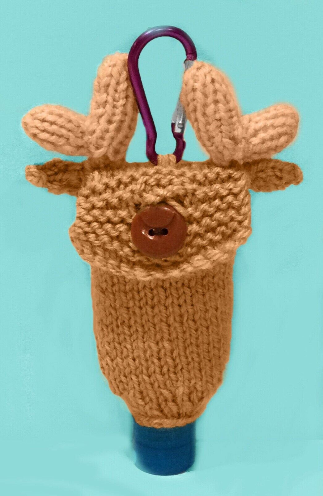 KNITTING PATTERN - Christmas Rudolph Reindeer Sanitizer Bottle 50ml Holder 9cms