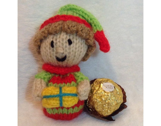 KNITTING PATTERN - Christmas Elf with Present chocolate cover Ferrero Rocher