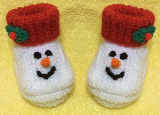 KNITTING PATTERN - Christmas Snowman Booties / shoes fit 3 - 6 month old Baby
