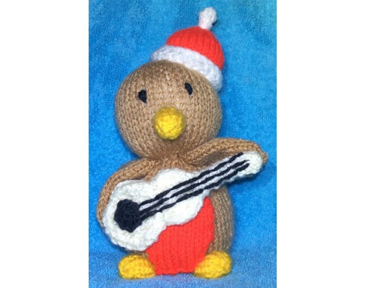 KNITTING PATTERN - Rocking Robin with guitar orange cover / 16 cms Christmas toy