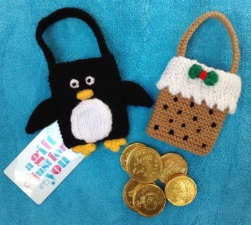 KNITTING PATTERN - Penguin and Christmas Pudding gift bags tree decorations