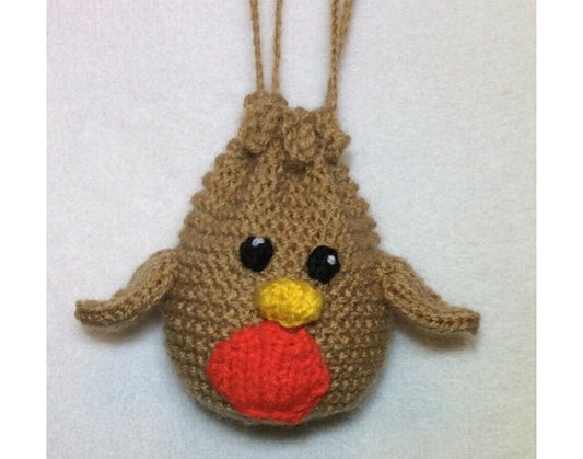 KNITTING PATTERN - Christmas Robin Drawstring Gift Bag 9cms fits Choc orange