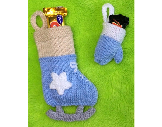 KNITTING PATTERN - Mitten choc cover and ice skate stocking / charity gift bag