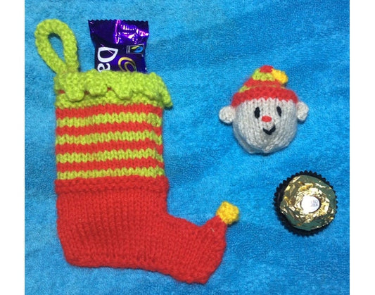 KNITTING PATTERN - Elf choc cover & 15 cms Christmas stocking / charity gift bag