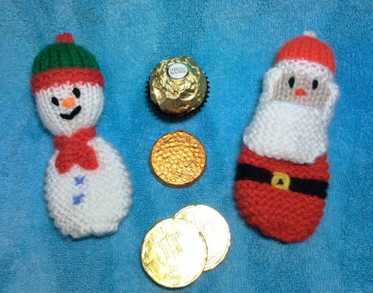 KNITTING PATTERN - Santa and Snowman Chocolate Gift Holders 10cms fits Ferrero