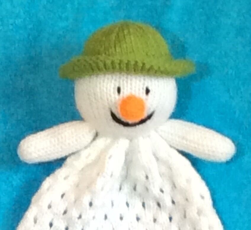 KNITTING PATTERN - Snowman with green hat Comforter 33cms Christmas Baby Toy