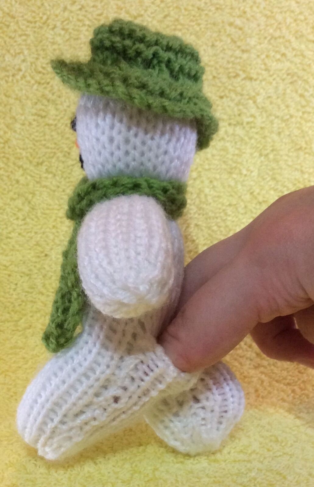 KNITTING PATTERN - Snowman with green hat Finger Puppet 14 cms toy