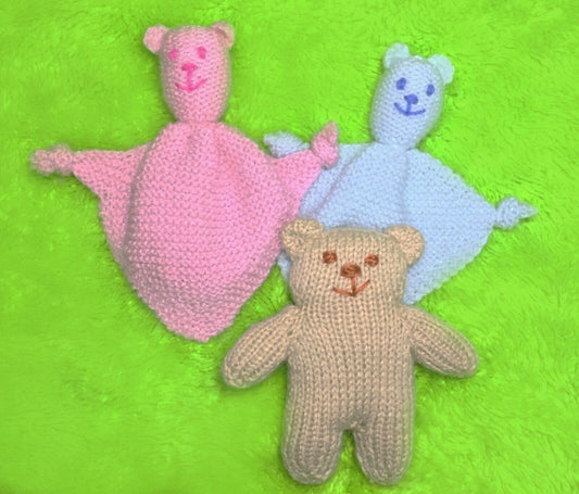 KNITTING PATTERN - Teddy Bear Comforter 17 cms and Flat Teddy Baby Toy 14 cms