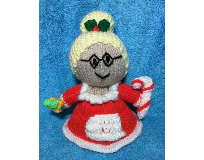 KNITTING PATTERN - Mother Christmas Mrs Claus with cane orange cover /15 cms toy