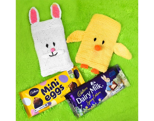 KNITTING PATTERN - Easter Bunny Rabbit and Chick Chocolate Bar Cover 16 cms