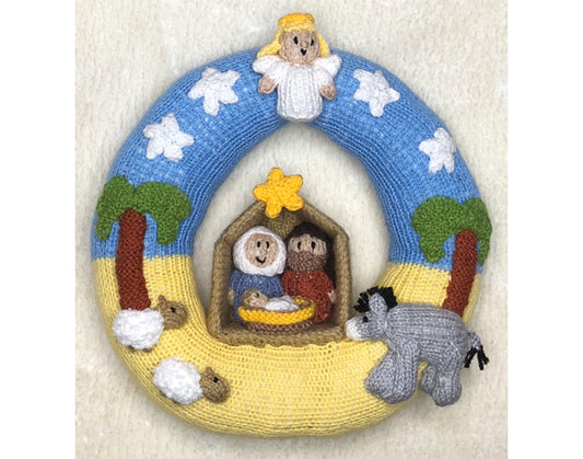 KNITTING PATTERN - Christmas Bethlehem Nativity Wreath Hanging Decoration 22 cms