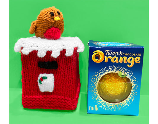 KNITTING PATTERN - Christmas Pillar Box with Robin Choc Orange Box Cover 15 cms