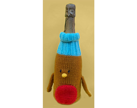 KNITTING PATTERN - Christmas Robin Wine Bottle Drawstring Cover