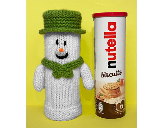 KNITTING PATTERN - Christmas Snowman inspired Nutella Biscuit Cover Holder 18cms